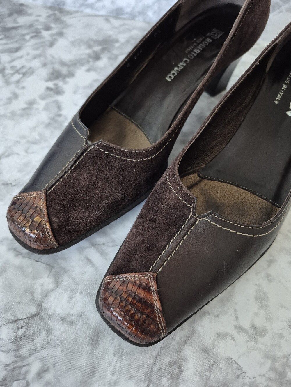 Roberto Capucci Brown Leather Low Heel Square Toe Shoes - Picture 5 of 12
